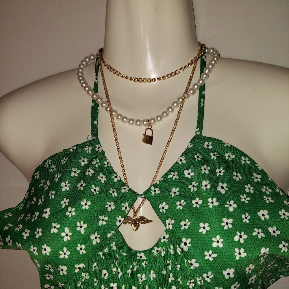 Flying Heart & Lock Pendant Faux Pearl Layered Choker Necklace - Picture 3 of 4